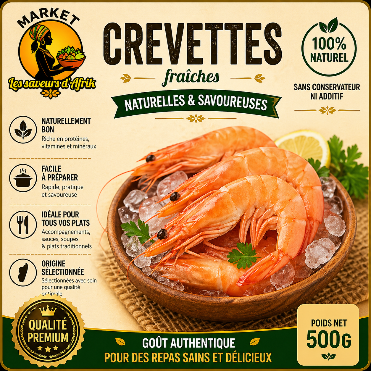 Crevettes Fraîches – Naturelles & Savoureuses Origine Sélectionnée 100% Naturel 500g
