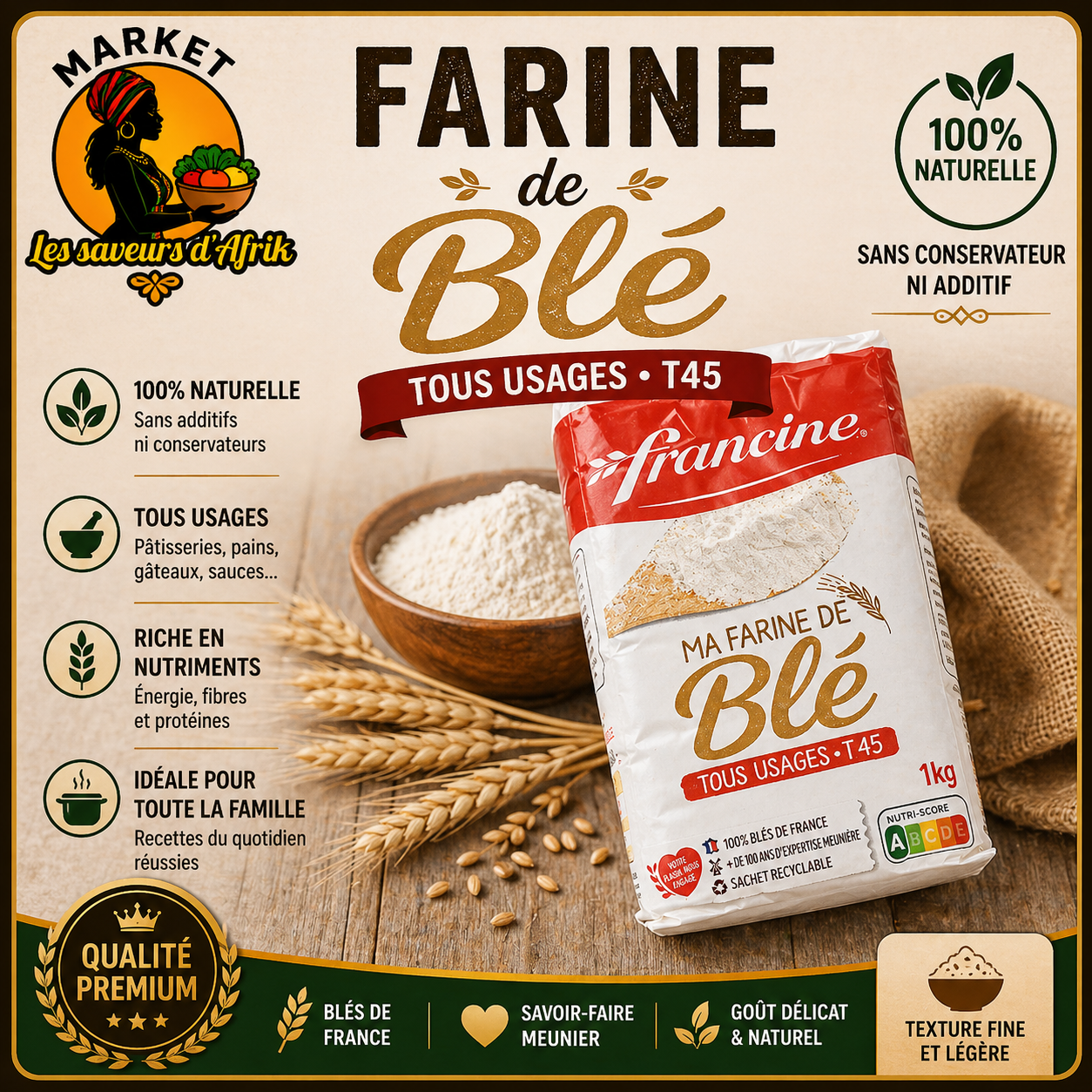 Farine de Blé Francine – Tous Usages T45 1kg 100% Naturelle