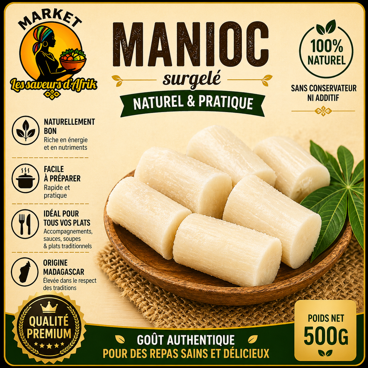 Manioc Surgelé – Naturel & Pratique Origine Madagascar 100% Naturel 500g