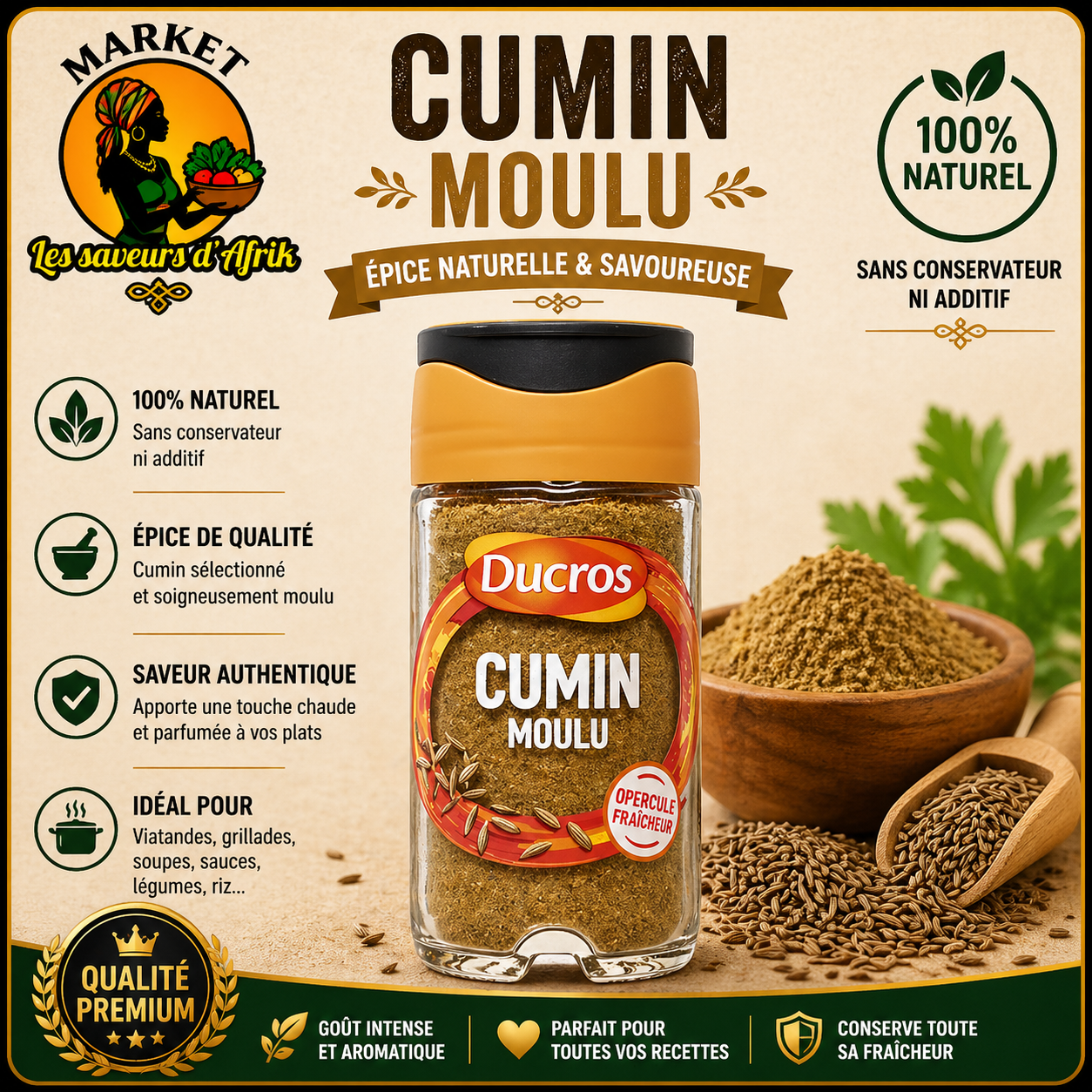 Cumin Moulu Ducros – Épice Naturelle & Savoureuse 100% Naturel